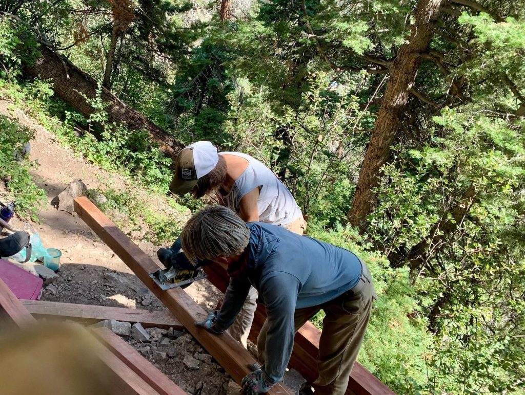 Two women building platform steps for the trail. One woman is holding a timber, while the other woman is using a circular saw to cut. They are working on a climbing trail in the woods - sun is shining on the big pine trees in the background